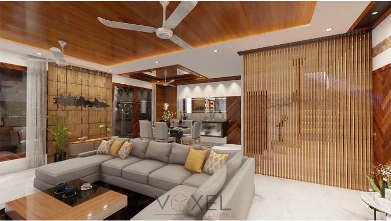 Living room interior with warm timber ceiling and lounge seating