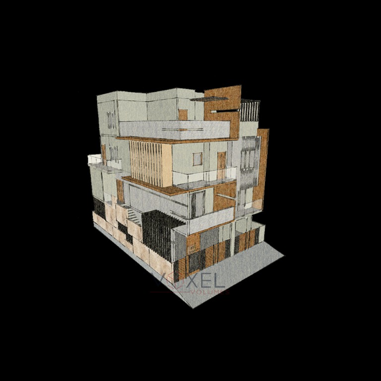 Architectural elevation render on dark background