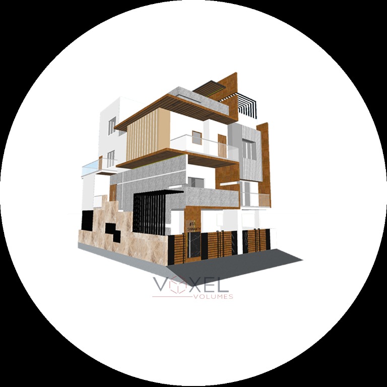 Architectural elevation render on light circular background