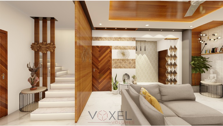 Interior view with staircase and warm wood detailing
