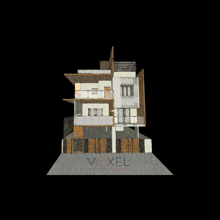 Frontal architectural render on dark background