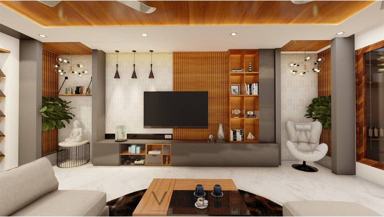 Contemporary living room TV unit and seating zone